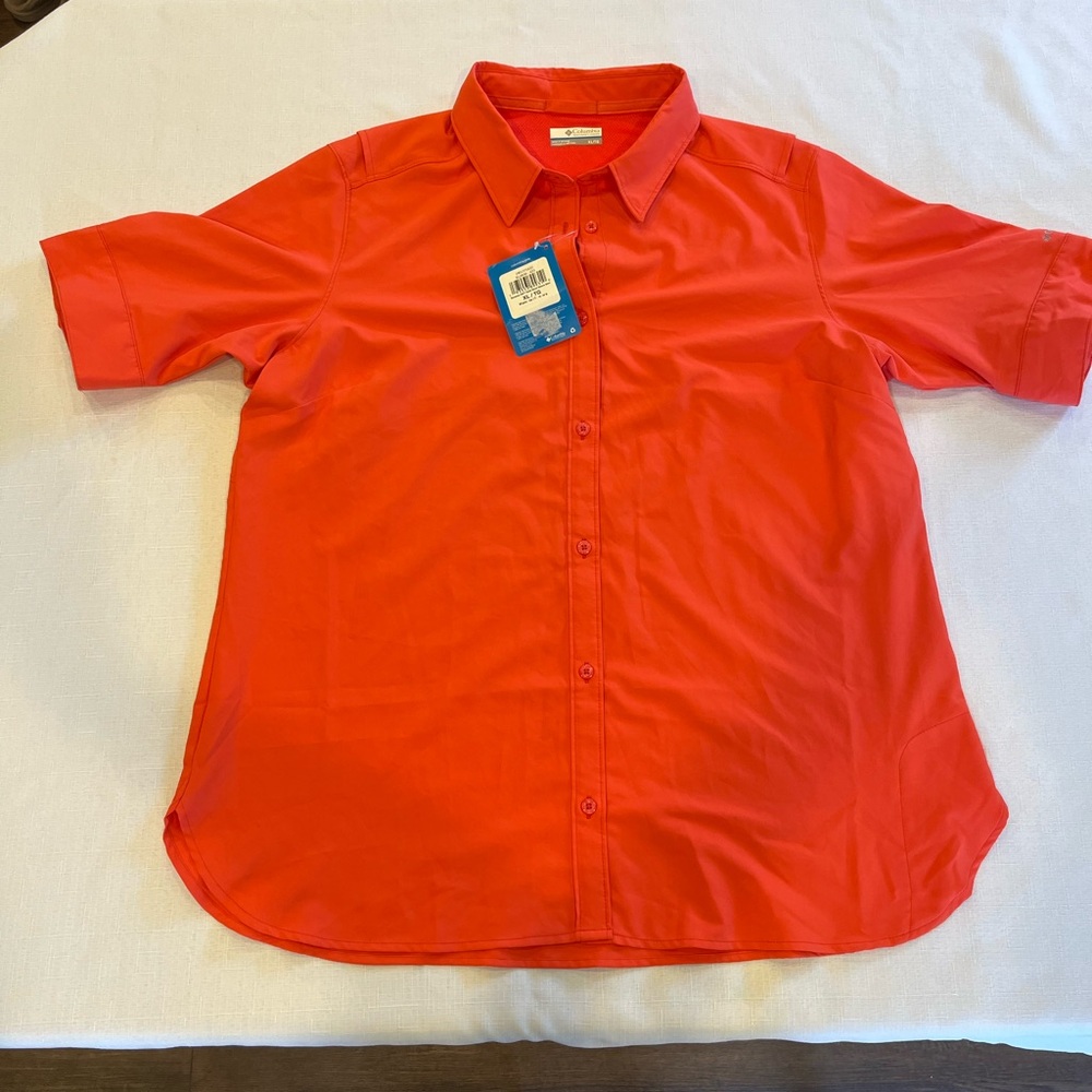 NWT Women's Columbia Savanna Hill Short Sleeve Button Up Shirt Coral Orange XL